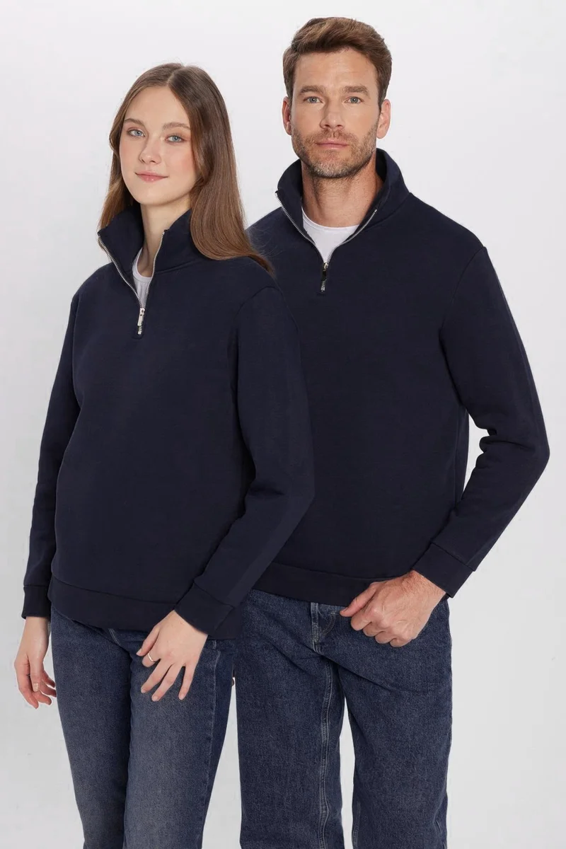 تودورس Unisex Relax Fit Comfortable Cut Cotton Fleece Inside Half Zipper Navy Blue Stand Collar Sweatshirt