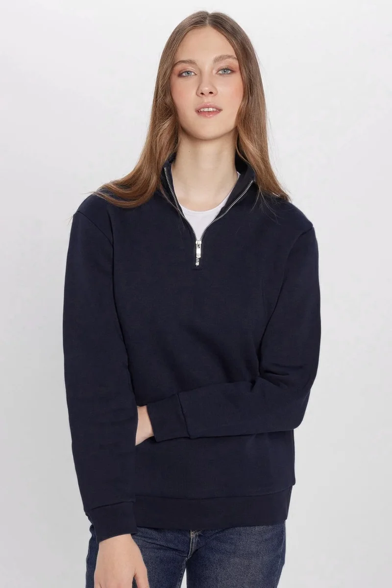 تودورس Unisex Relax Fit Comfortable Cut Cotton Fleece Inside Half Zipper Navy Blue Stand Collar Sweatshirt