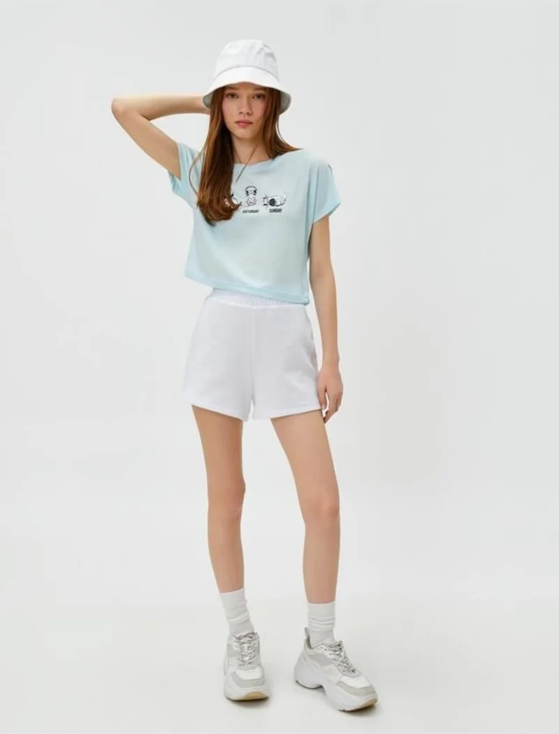 KOTON Crop T-Shirt Printed Crew Neck Short Sleeve