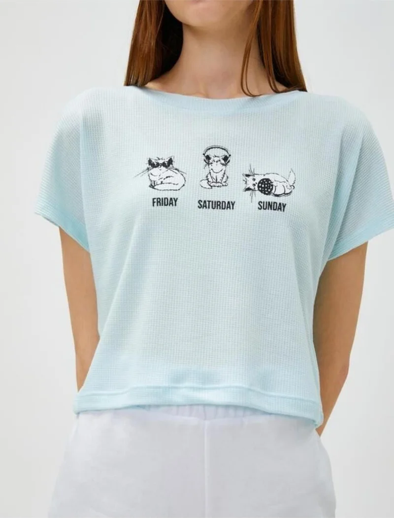 KOTON Crop T-Shirt Printed Crew Neck Short Sleeve