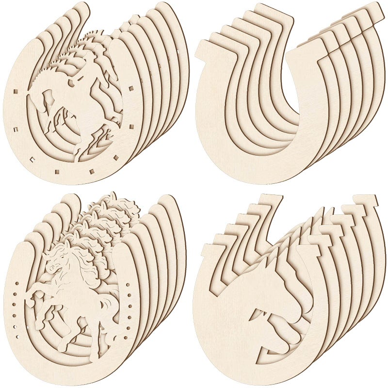 Wooden Horseshoes Cutout for Crafts DIY Unfinished Wooden Horseshoes Christmas Cowboy Decor Western Party Decor Blank Wood Horse Cutout Western Craft Supplies Discs Slices96 Pcs