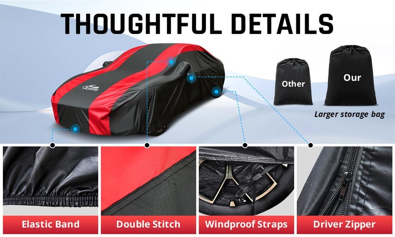 AltoCover Car Cover Waterproof All Weather Protection with Red Stripe Design, Universal Fit Toyota Camry Solara, Ford Fusion, Kia Stinger Optima, Nissan Maxima, VW Passat, Subaru Legcy - Image 4