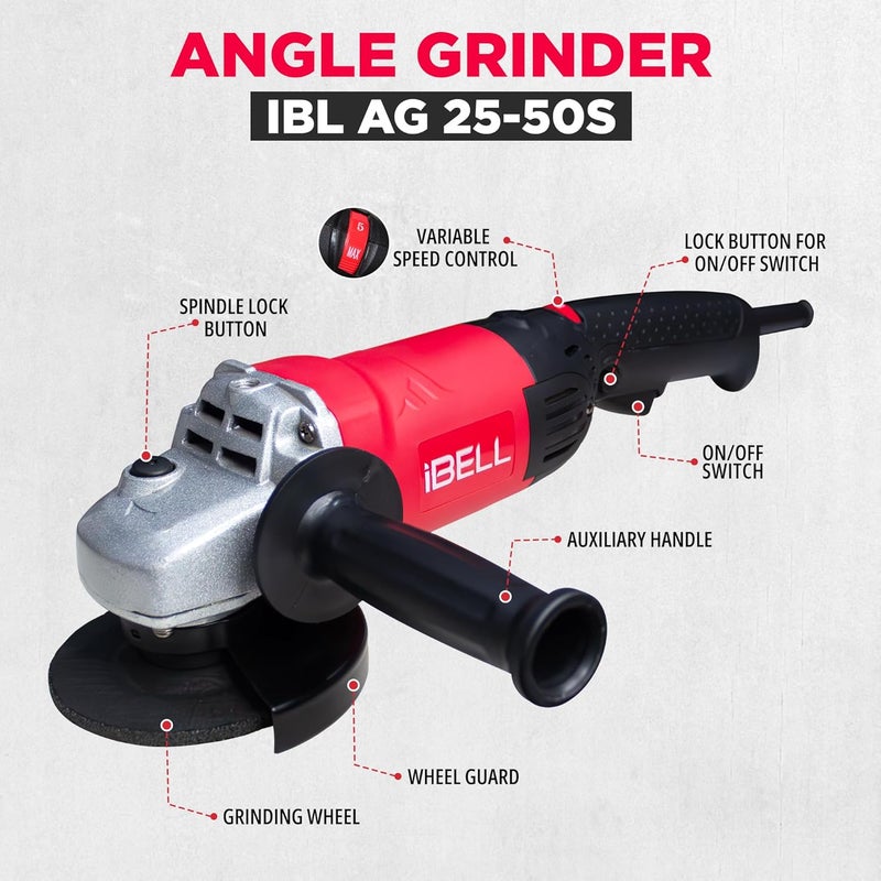iBELL Angle Grinder AG25-50S | 1400W Heavy Duty | Copper Armature | 125mm/5" Disc | 500–9000 RPM Variable Speed | With Grinding Wheel & Guard | Powerful & Durable - Image 3