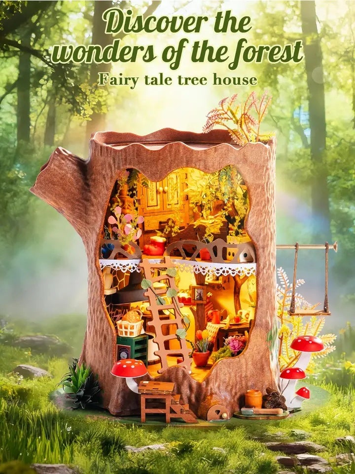 رولايف بيت دمى Rolife Fairytale Tree DIY Miniature House Kit Wooden 3D Puzzle Toys for Home Decor Dollhouse Craft Kit with LED Gift for Adult - Image 2