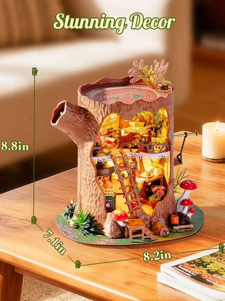 رولايف بيت دمى Rolife Fairytale Tree DIY Miniature House Kit Wooden 3D Puzzle Toys for Home Decor Dollhouse Craft Kit with LED Gift for Adult - Image 4