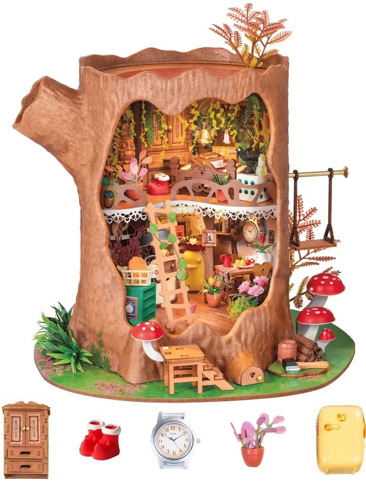 رولايف بيت دمى Rolife Fairytale Tree DIY Miniature House Kit Wooden 3D Puzzle Toys for Home Decor Dollhouse Craft Kit with LED Gift for Adult - Image 1