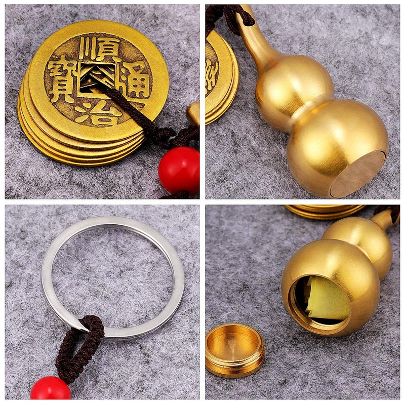 Hotop 3 Pcs Chinese Gourd Feng Shui Brass Wu Lou Keychains with five Coins Calabash Pendant Key Rings for Good Luck Fortune Longevity Wealth Success to Friends Families Lovers - Image 2