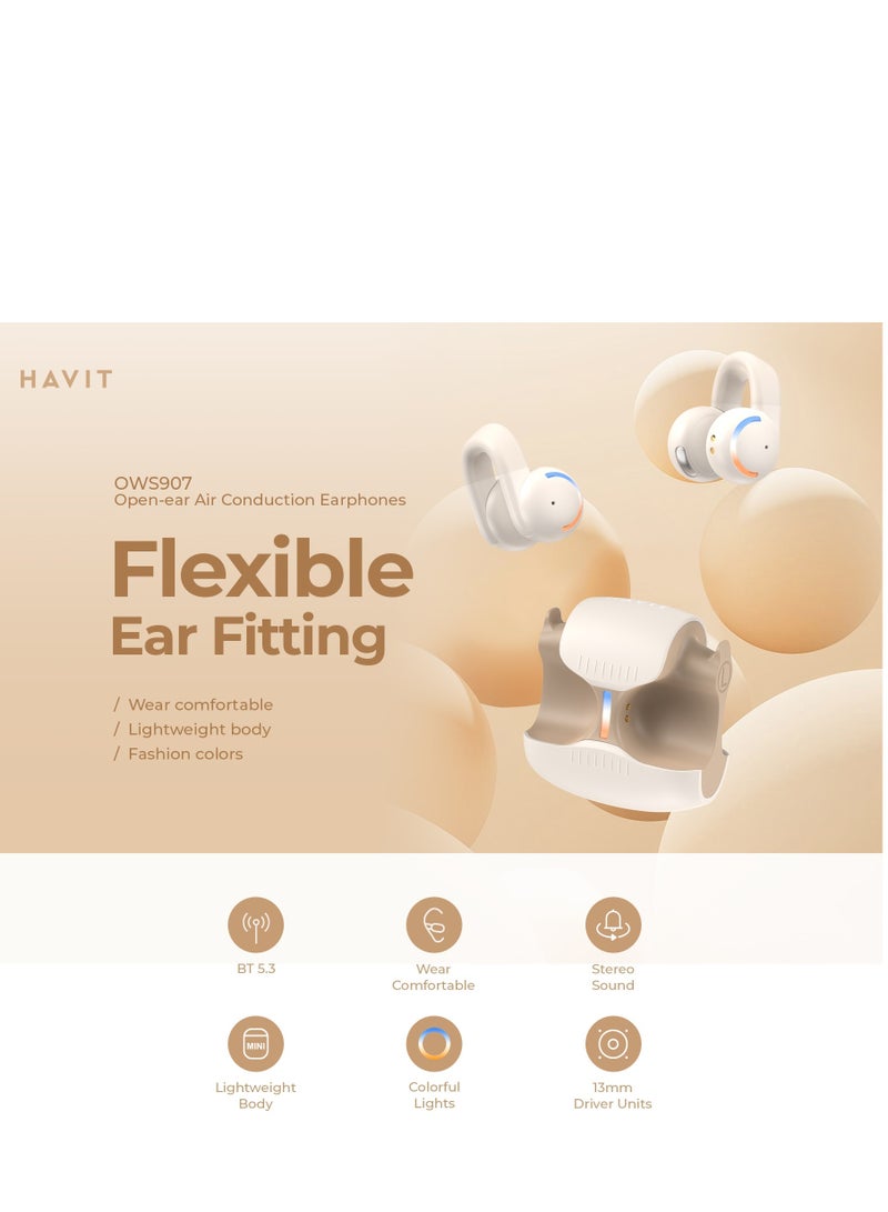 havit Open Ear Wireless Clip Earbuds Bluetooth 5.3 Earpods for Android & iPhone – Sports Headphones with 3D Stereo Sound, Comfortable On-Ear Design, Perfect for Running, Cycling, Driving, Gym Workouts & Outdoor Activities – Sweatproof & Secure Fit (White/Grey) - Image 2