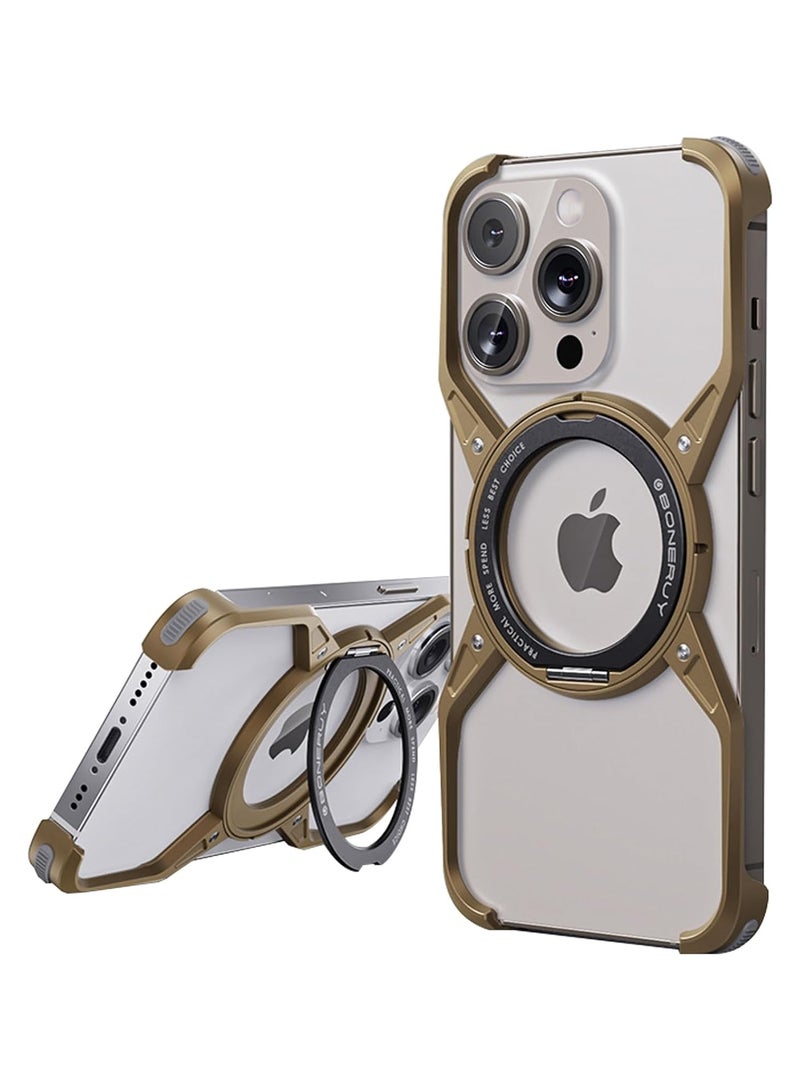 CATANES ( for iPhone 16 Pro Max ) Frameless Magsafe Hard Case Cover Shockproof Cool Luxury Design Luxury Light Metal with 360° Rotation Magnetic O Ring Stand / Desert Titanium Color