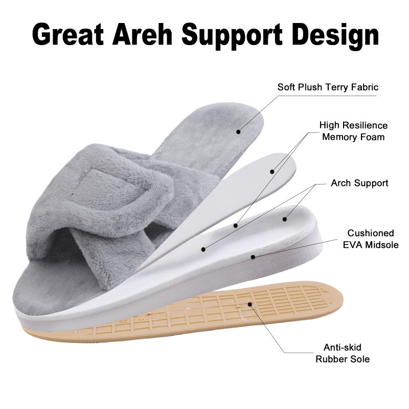 Git-up Women's Adjustable Diabetic Slippers Memory Foam House Shoes Cozy Arch Support Orthotic Heel Cup Arthritis Edema Slippers Non Slip Rubber Sole, Open Toe Fuzzy Slide Sandals for Ladies, Grey 8/9 - Image 2