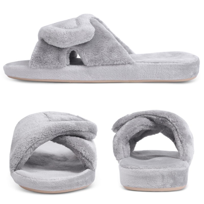 Git-up Women's Adjustable Diabetic Slippers Memory Foam House Shoes Cozy Arch Support Orthotic Heel Cup Arthritis Edema Slippers Non Slip Rubber Sole, Open Toe Fuzzy Slide Sandals for Ladies, Grey 8/9 - Image 5