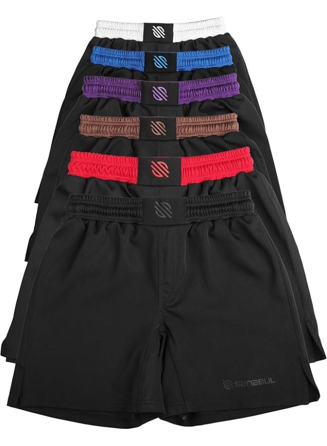 سنابول شورت قتال سانابول للرجال لرياضة الجوجيتسو البرازيلي وفنون القتال المختلطة | مطاط في أربعة اتجاهات، خياطة معززة، شورت تدريب للمصارعة والكيك بوكسينغ بدون جي | أسود - Image 1