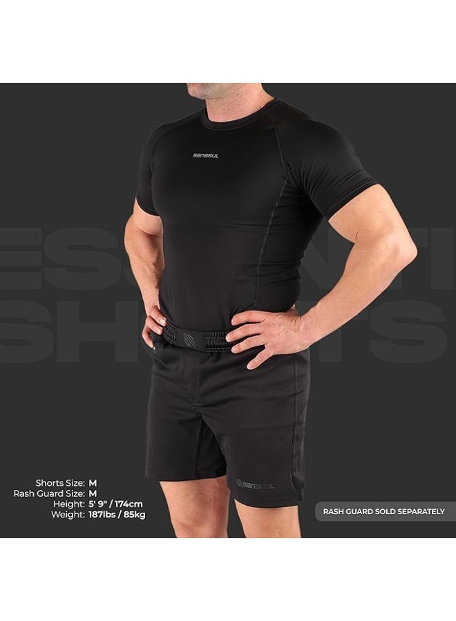 سنابول شورت قتال سانابول للرجال لرياضة الجوجيتسو البرازيلي وفنون القتال المختلطة | مطاط في أربعة اتجاهات، خياطة معززة، شورت تدريب للمصارعة والكيك بوكسينغ بدون جي | أسود - Image 3