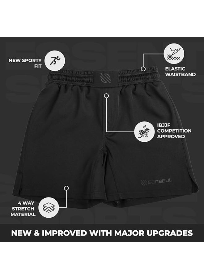 سنابول شورت قتال سانابول للرجال لرياضة الجوجيتسو البرازيلي وفنون القتال المختلطة | مطاط في أربعة اتجاهات، خياطة معززة، شورت تدريب للمصارعة والكيك بوكسينغ بدون جي | أسود - Image 4