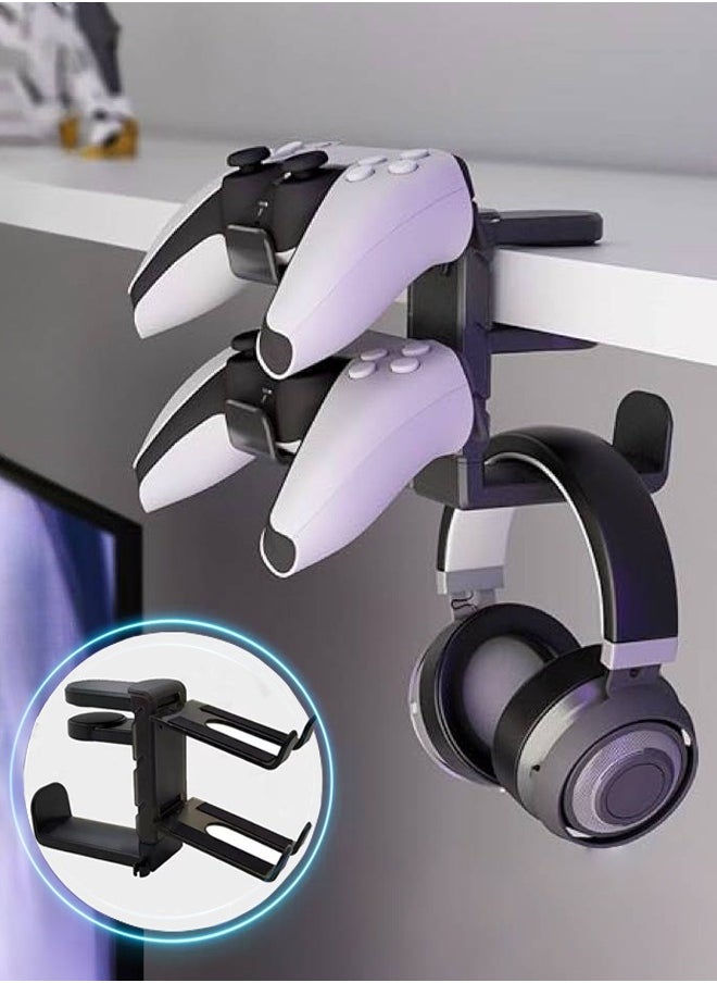 DGSENPI - 3-in-1 PC Gaming Headset and Controller Holder, Headphone Stand with 360° Rotation Non-Slip Clamp & 2 Controller Holders, Universal Gaming Accessories Organizer for Controllers, Headphones, and Cables - Image 1