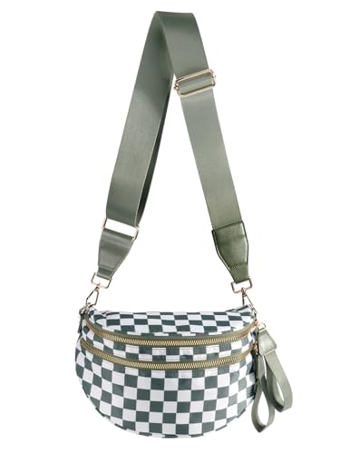 MEISEY Black and White Checkered Crossbody Bum Bag for Women,Spacious Checkered Purse Fanny Packs Belt Sling Bag with Shoulder Strap (Beans Green Checkered) - Image 1