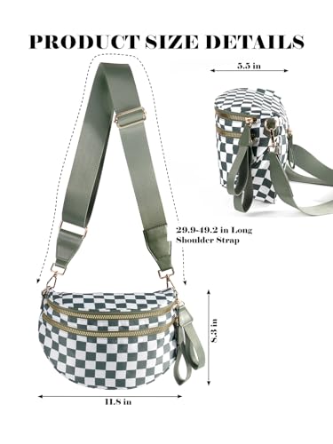 MEISEY Black and White Checkered Crossbody Bum Bag for Women,Spacious Checkered Purse Fanny Packs Belt Sling Bag with Shoulder Strap (Beans Green Checkered) - Image 3