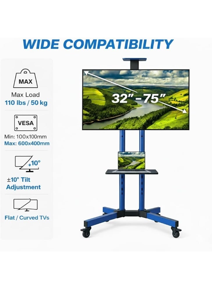 BEETEC Mobile TV Stand for 32–75 Inch Screens, Heavy-Duty Rolling TV Cart, Max VESA 600×400, Tilt Range ±10°, Max Load 50kg, Height Ajustable, Lockable Wheels, Blue | T1500B - Image 4
