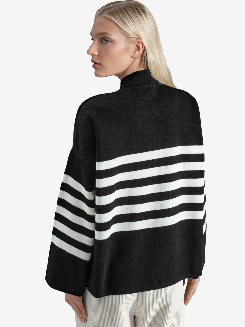 My Fashion Black MY FASHION Oversized Striped Turtleneck Sweater for Women | Best Price UAE