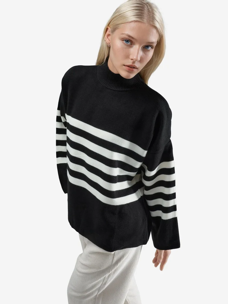 My Fashion Black MY FASHION Oversized Striped Turtleneck Sweater for Women | Best Price UAE