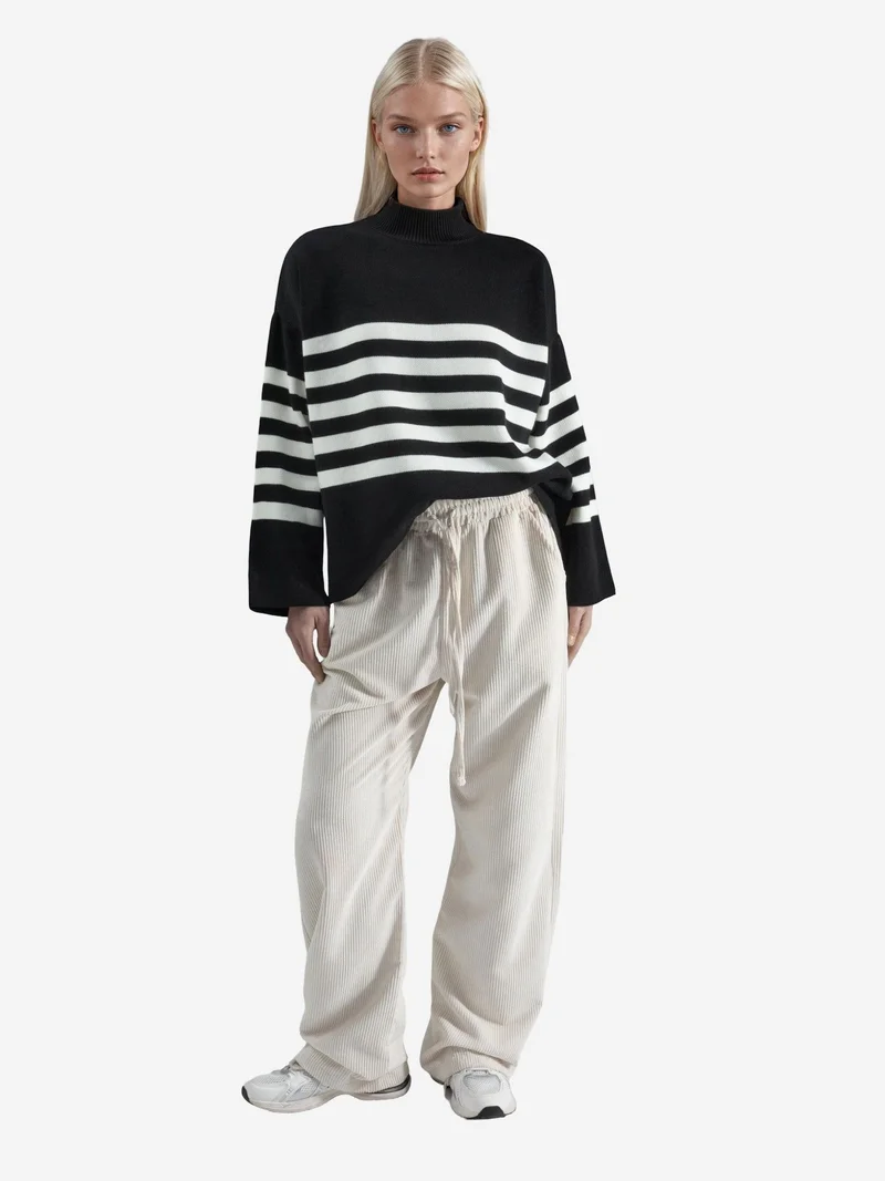 My Fashion Black MY FASHION Oversized Striped Turtleneck Sweater for Women | Best Price UAE
