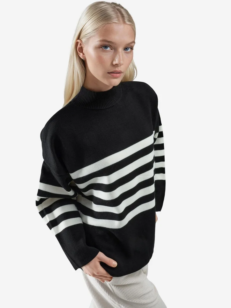 My Fashion Black MY FASHION Oversized Striped Turtleneck Sweater for Women | Best Price UAE