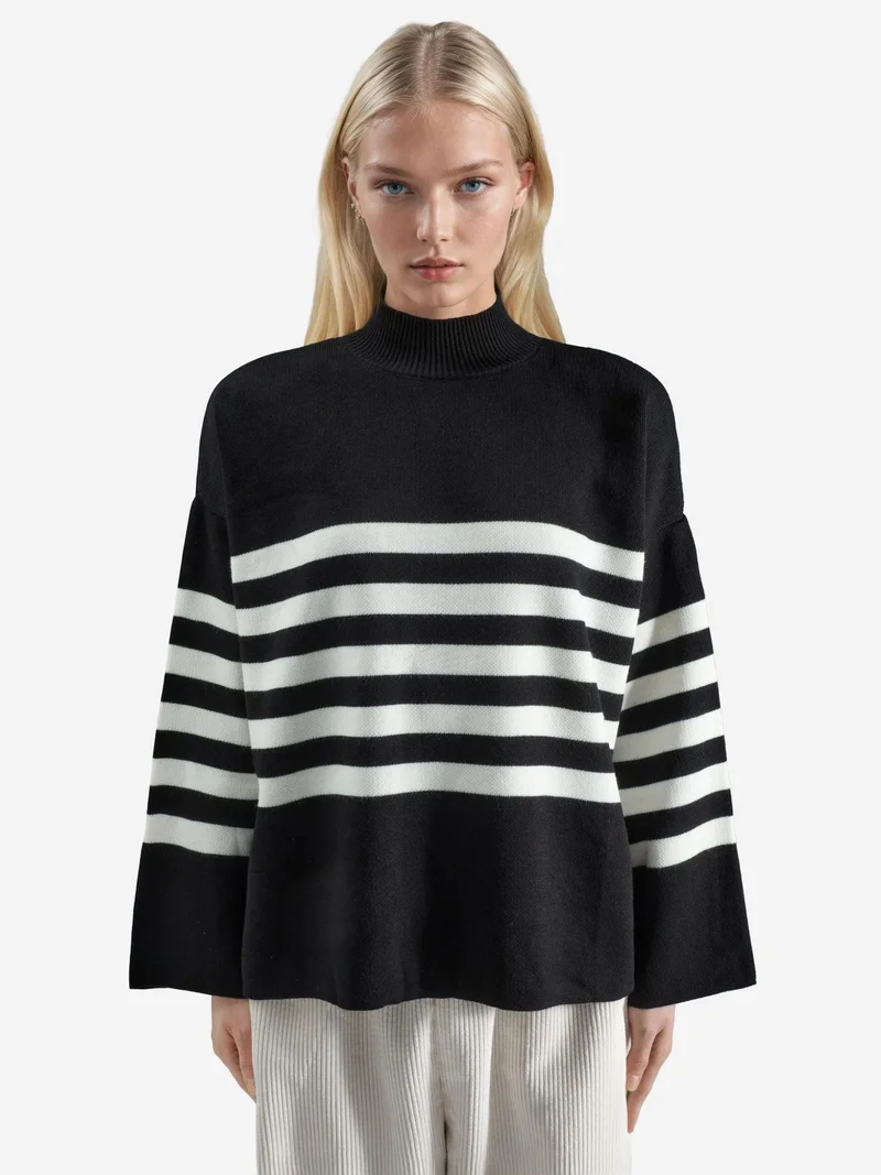 My Fashion Black MY FASHION Oversized Striped Turtleneck Sweater for Women | Best Price UAE