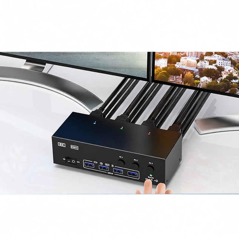 مبدل KCEVE KVM303DH متوافق مع HDMI، نوع KVM 3 مدخلات و 3 مخرجات بدقة 8K@60Hz و 4K@144Hz، مبدل ثلاثة شاشات USB 3.0 متوافق مع HDMI+DP لوحة المفاتيح، ومحرك الأقراص المحمول والطابعة، متوافق مع أنظمة Linux و Windows - Image 5