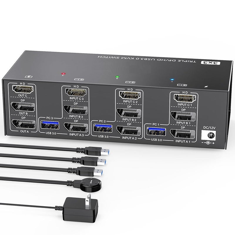 مبدل KCEVE KVM303DH متوافق مع HDMI، نوع KVM 3 مدخلات و 3 مخرجات بدقة 8K@60Hz و 4K@144Hz، مبدل ثلاثة شاشات USB 3.0 متوافق مع HDMI+DP لوحة المفاتيح، ومحرك الأقراص المحمول والطابعة، متوافق مع أنظمة Linux و Windows - Image 1