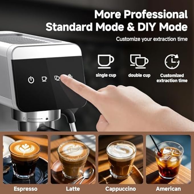 amzchef Espresso Machines With Led Touch Screen Espresso Coffee Machine Equip 20Bar Pressure System Cappuccino Machine Compact Latte Machine For Home GiftsSilver - Image 3