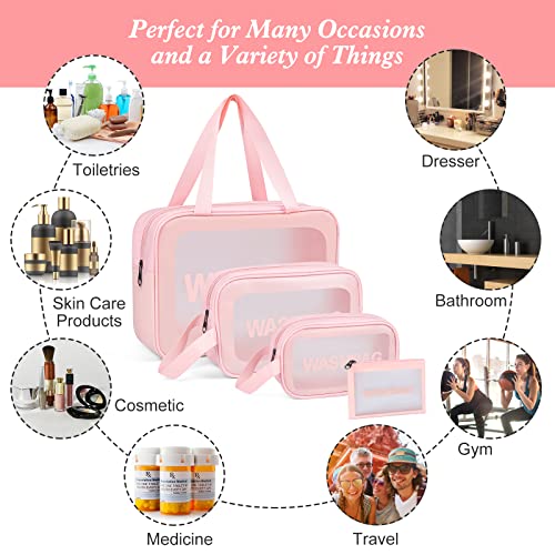YuanCheng Upgrade Travel Toiletry Bags for Women, Pack-4 Different Size Make Up Bags with Handle, Large Capacity Translucent Waterproof Travel Cosmetic Bags (Comestic Bag-Pink) - Image 2