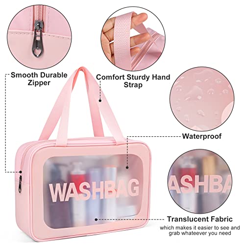 YuanCheng Upgrade Travel Toiletry Bags for Women, Pack-4 Different Size Make Up Bags with Handle, Large Capacity Translucent Waterproof Travel Cosmetic Bags (Comestic Bag-Pink) - Image 5