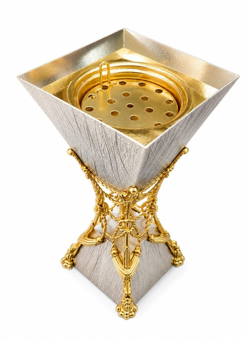 رادین Luxury Silver & Gold Bakhoor Burner | Premium Arabic Incense Holder With Smoke Effect | Elegant Home Majlis Aromatherapy Gift Item (20cm) - Image 1