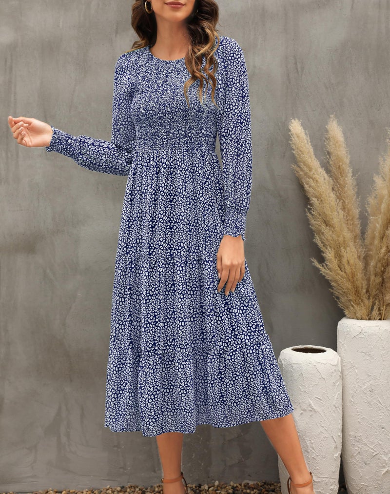 Zattcas Casual Puff Long Sleeve Floral Spring Fall Dresses for Women 2026 Flowy Boho Smocked Tiered Modest Church Work Winter Maternity Wedding Guest Midi Dress Navywhite M - Image 2