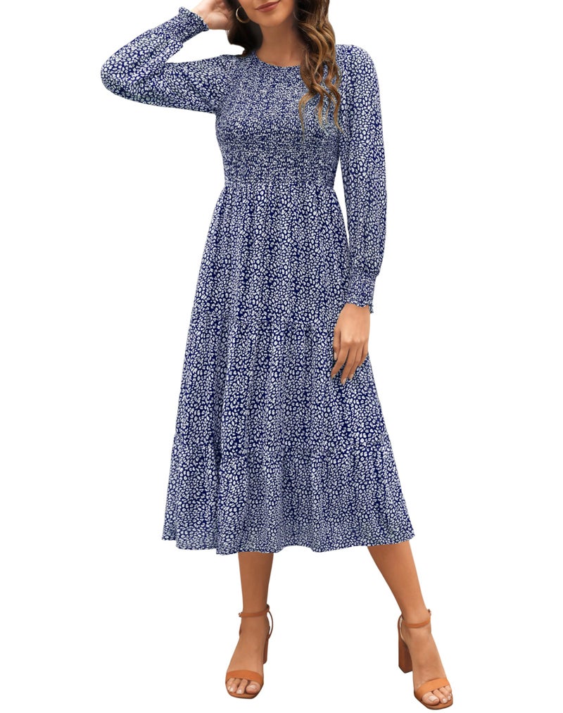 Zattcas Casual Puff Long Sleeve Floral Spring Fall Dresses for Women 2026 Flowy Boho Smocked Tiered Modest Church Work Winter Maternity Wedding Guest Midi Dress Navywhite M - Image 1