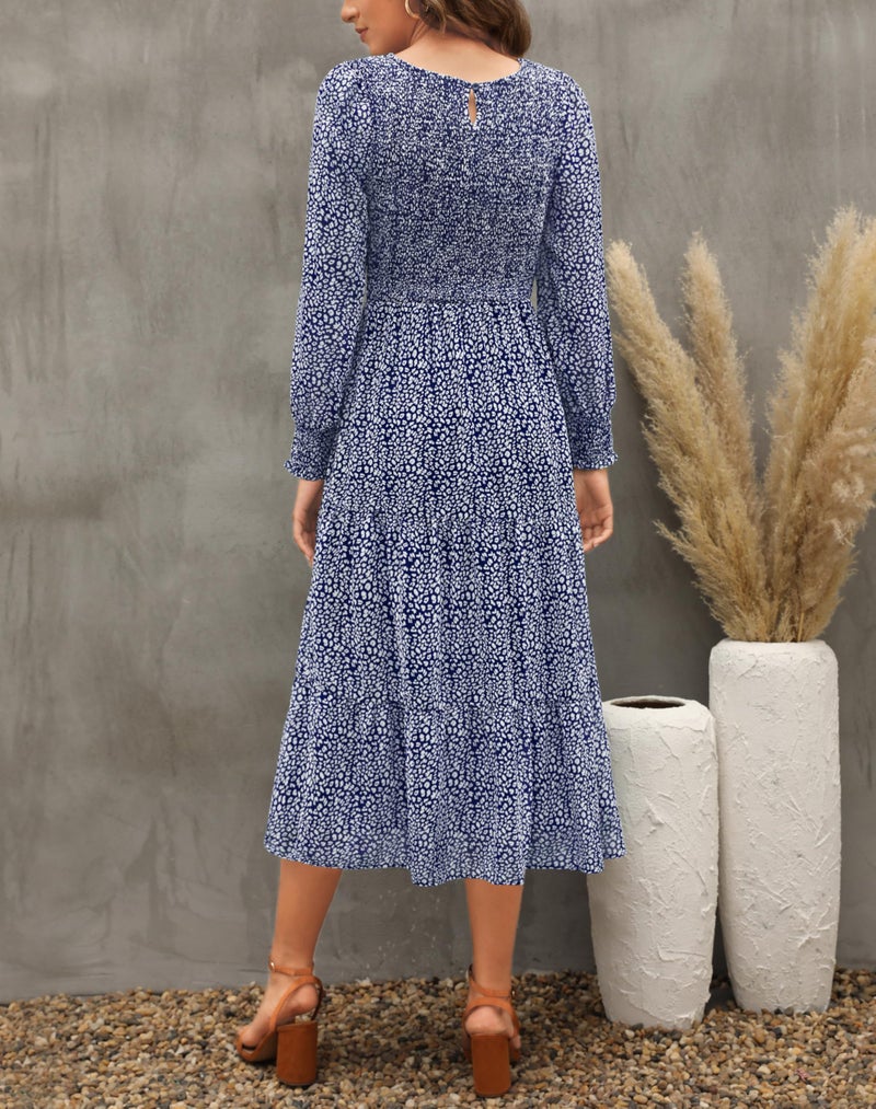 Zattcas Casual Puff Long Sleeve Floral Spring Fall Dresses for Women 2026 Flowy Boho Smocked Tiered Modest Church Work Winter Maternity Wedding Guest Midi Dress Navywhite M - Image 3