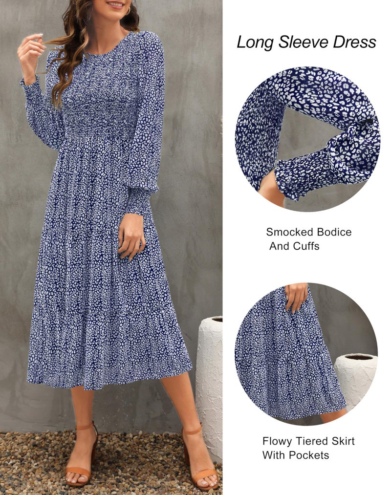 Zattcas Casual Puff Long Sleeve Floral Spring Fall Dresses for Women 2026 Flowy Boho Smocked Tiered Modest Church Work Winter Maternity Wedding Guest Midi Dress Navywhite M - Image 4