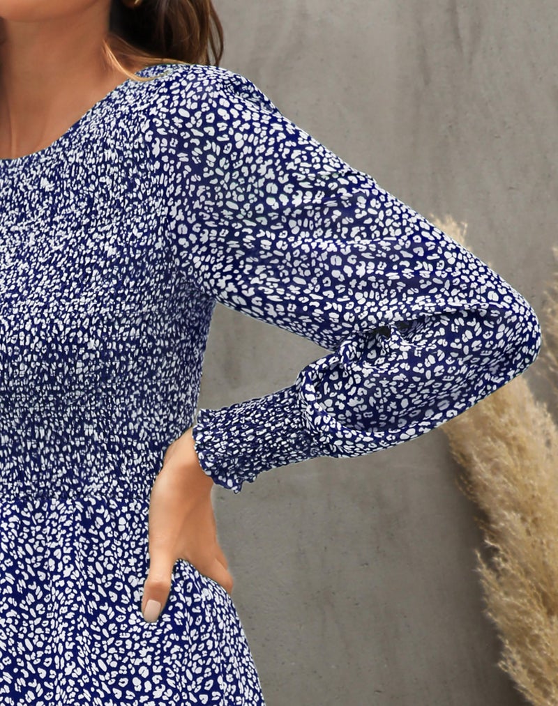 Zattcas Casual Puff Long Sleeve Floral Spring Fall Dresses for Women 2026 Flowy Boho Smocked Tiered Modest Church Work Winter Maternity Wedding Guest Midi Dress Navywhite M - Image 5