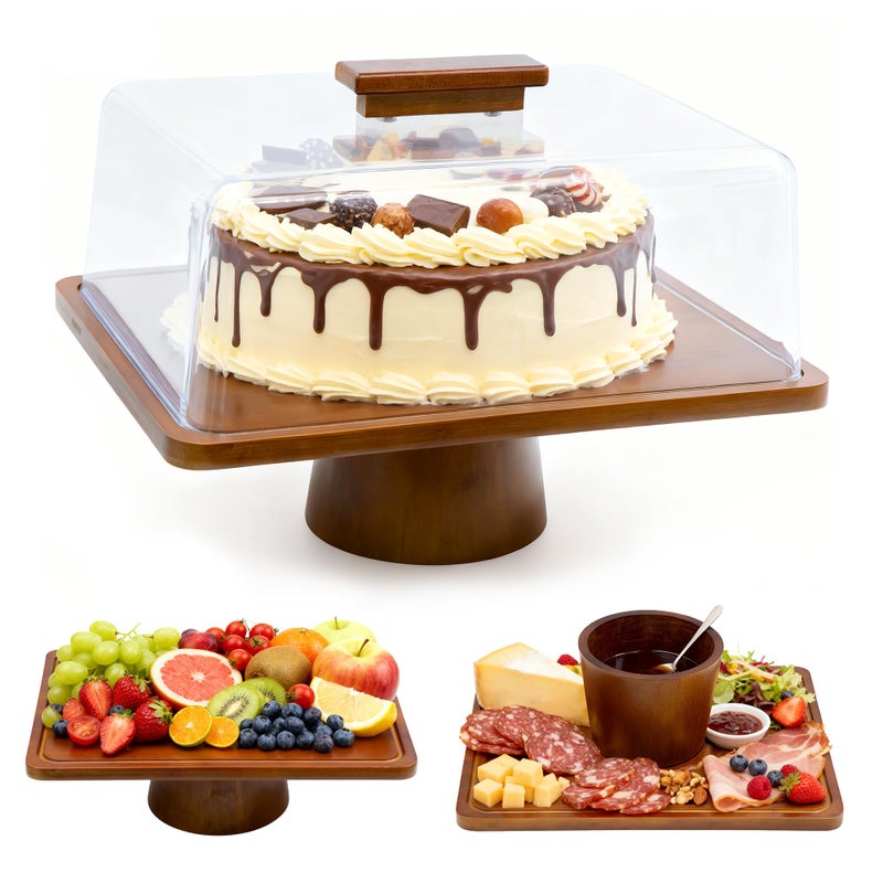 welsteepse Wood Cake Stand with Lid, Rectangular Cake Holder, 2-in-1 Dessert Table Display Set & Charcuterie Board for Cheese, Cake Fruit Display Server Tray for Kitchen, Birthday, Weddings - Footed - Image 1