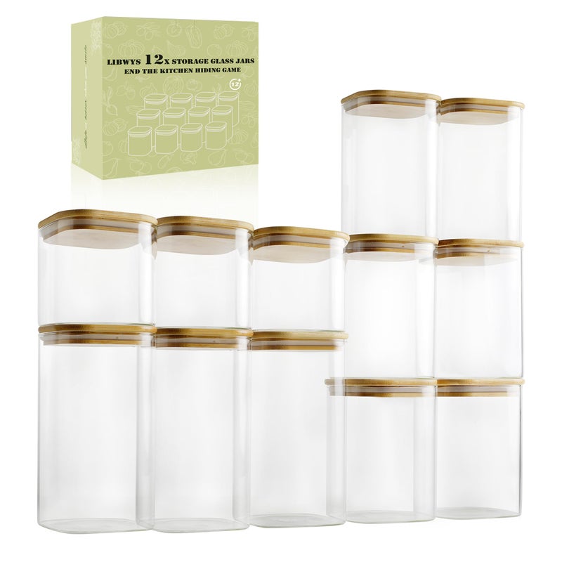 LIBWYS 12-Pack Glass Pantry Storage Containers with Bamboo Lids (0.76Qt/1.22Qt/1.67Qt) - Stackable Square Food Jars for Pantry Organization, Coffee, Flour, Snacks, Tea | Kitchen Canisters Set - Image 1