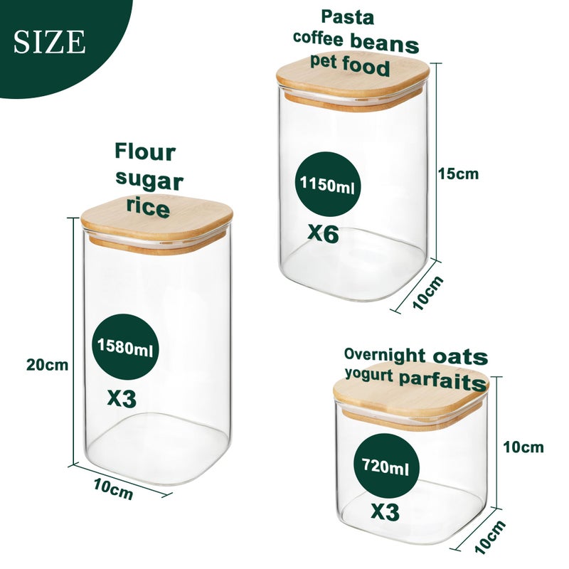LIBWYS 12-Pack Glass Pantry Storage Containers with Bamboo Lids (0.76Qt/1.22Qt/1.67Qt) - Stackable Square Food Jars for Pantry Organization, Coffee, Flour, Snacks, Tea | Kitchen Canisters Set - Image 2