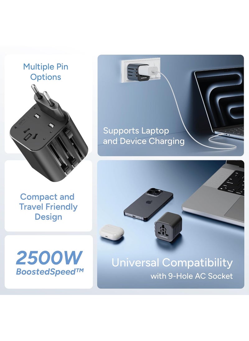 AMBRANE Ambrane Universal Travel Socket International All in One Worldwide Travel Adapter Socket with 2500W High Power Output with 9 Hole Universal Socket Compatible in 150 Countries ATA03 Black  - Image 2