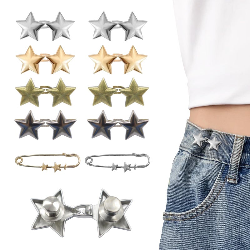 ROPAKED 10 Set Pant Waist Tightener Star Buttons Pins for Loose Jeans Reusable Waist Cincher Clip Metal Star Brooch for Clothing Dresses Skirts No Sewing Decoration Accessories - Image 1