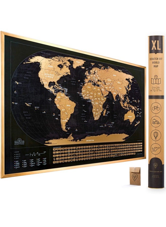 Travelization Xl Scratch Off Map Of The World With Flags - 36 X 24 Easy To Frame Scratch Off World Map Wall Art Poster With Us States & Flags - Deluxe World Map Scratch Off Travel Map Designed For Travelers  - Image 1