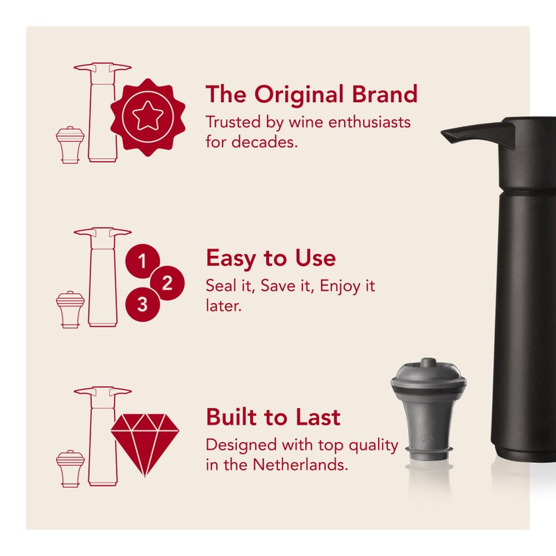Vacu Vin Original Wine Saver with 2 Vacuum Bottle Stoppers â€“ Black Wine Preserver Pump for Red or White Wine â€“ Manual Air Remover System â€“ Airtight Seal â€“ Keep Wine Fresh Longer - Image 4