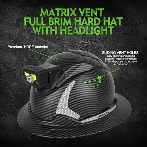 GREEN DEVIL Matrix Full Brim Hard Hat with Headlight Vented Construction Safety Helmet OSHA Approved Cascos De Construccion Work Hardhat for Men&Women - Image 2