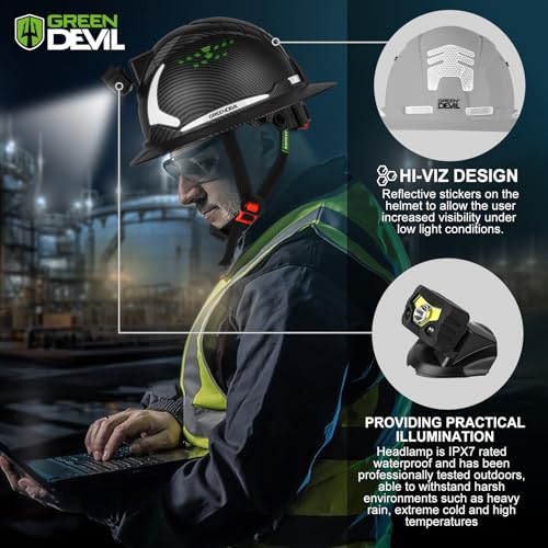 GREEN DEVIL Matrix Full Brim Hard Hat with Headlight Vented Construction Safety Helmet OSHA Approved Cascos De Construccion Work Hardhat for Men&Women - Image 3