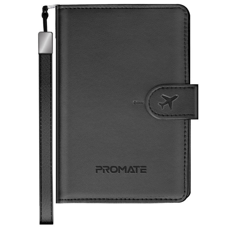 Promate PassMate Smart Leather Passport Holder with RFID Protection, Apple Find My Global Tracker, Wireless Charging, 6-Month Battery, Waterproof Anti-Loss Travel Wallet Organizer Black - Image 1