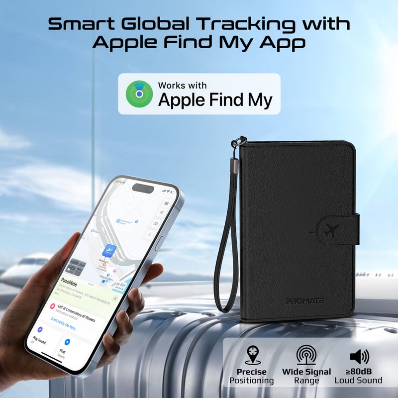 Promate PassMate Smart Leather Passport Holder with RFID Protection, Apple Find My Global Tracker, Wireless Charging, 6-Month Battery, Waterproof Anti-Loss Travel Wallet Organizer Black - Image 2