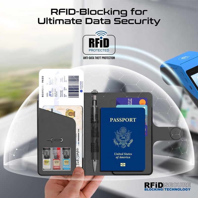 PROMATE حامل جواز السفر الذكي من برومات باسب ميت من الجلد مع حماية RFID، جهاز تتبع عالمي من آبل، شحن لاسلكي، بطارية تدوم 6 أشهر، محفظة سفر مقاومة للماء مضادة للفقدان باللون الأسود - Image 3